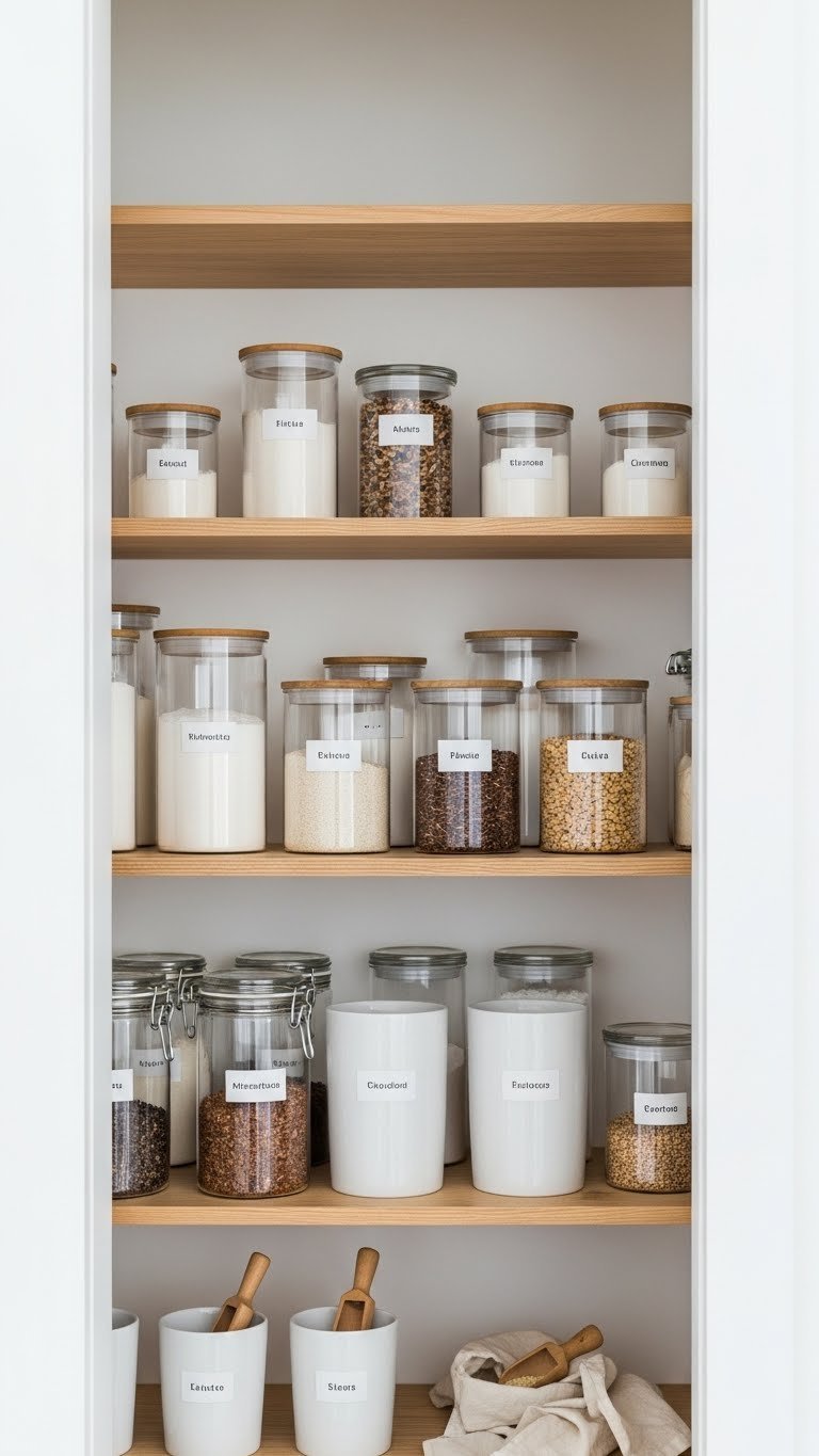 Uniform glass and ceramic containers filled with dry goods arranged on light wood shelves in minimalist pantry