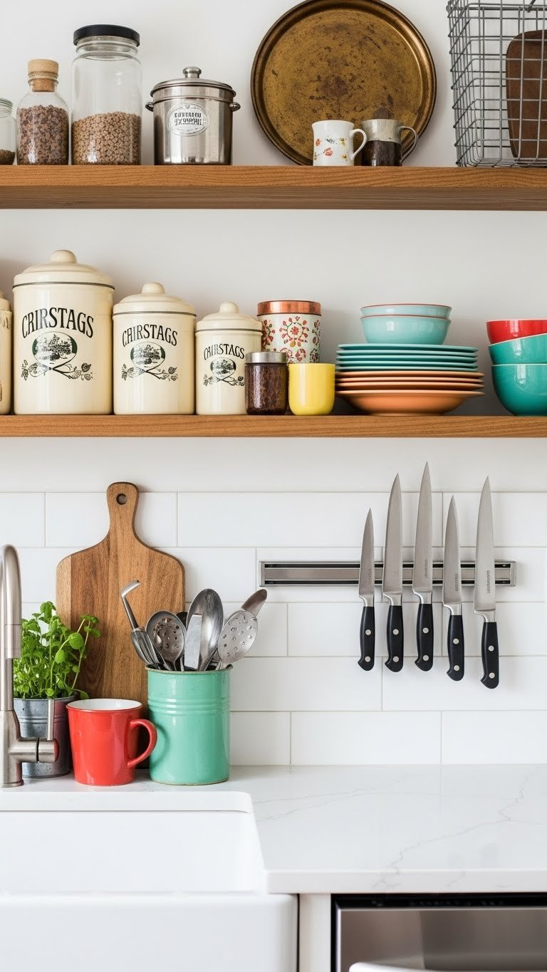 Unique kitchen storage solutions with vintage tin canisters and colorful dishes on open shelving