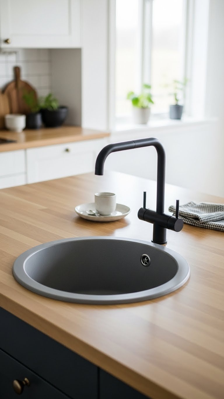 Unique round or square shaped kitchen sink in grey composite integrated into natural wood countertop with minimalist faucet