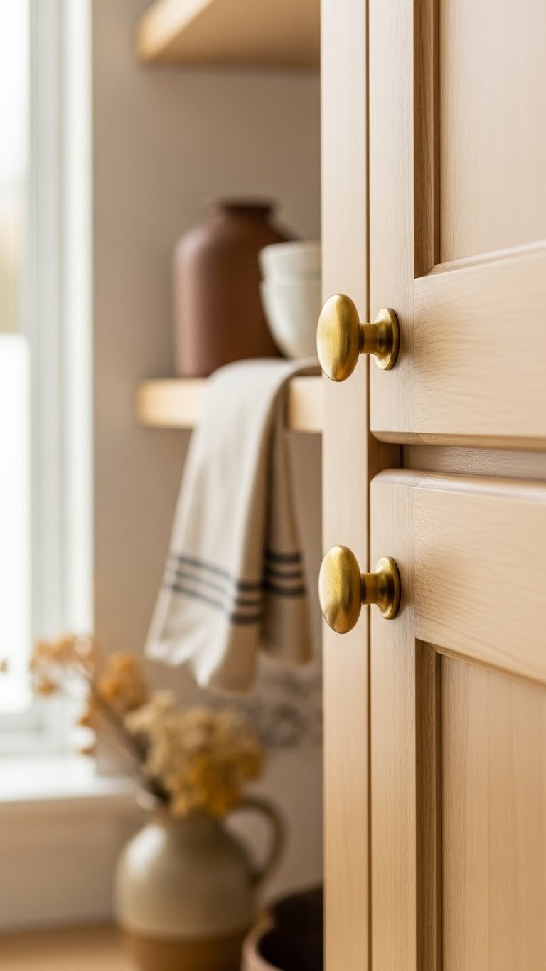 Unlacquered brass cup pulls and knobs with developing patina on natural wood shaker cabinets in warm kitchen interior with soft natural lighting.
