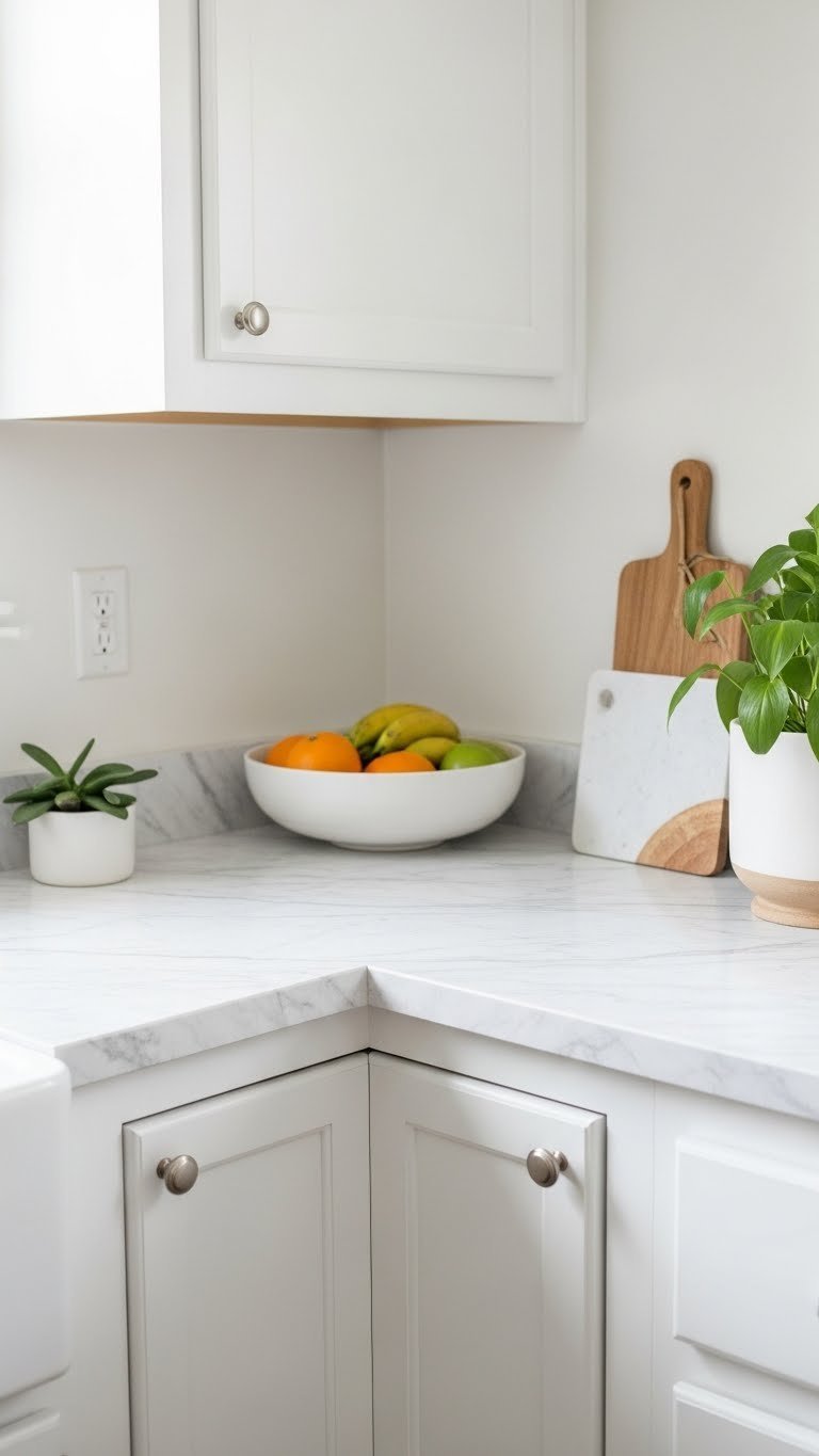 Small Kitchen Ideas 70S: 9 Proven Ways To Modernize Now 17 Updated 70s kitchen countertop with marble-look surface featuring modern ceramic planter and fruit bowl.