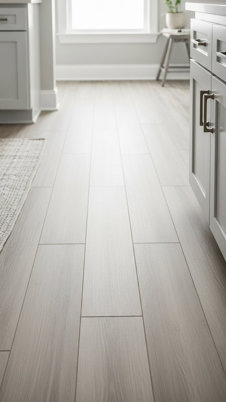 Updated small kitchen floor with light-colored luxury vinyl plank flooring in clean minimalist space