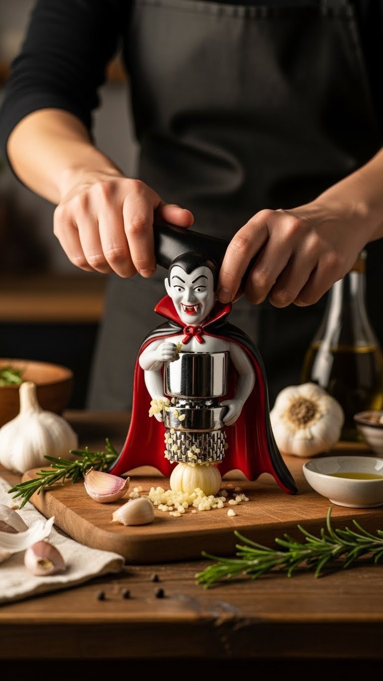 Vampire-themed garlic crusher mincing cloves with scattered pieces on wooden cutting board with rosemary sprig