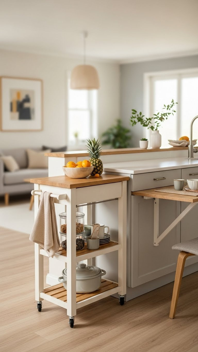 Versatile kitchen setup with rolling wooden cart, fold-down dining table, and adjacent one-wall counter in cozy natural light