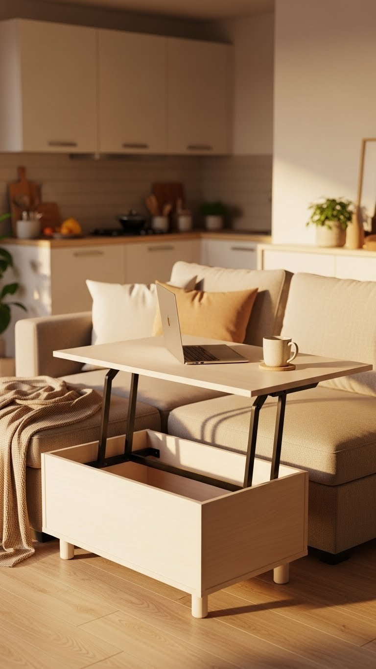 Versatile open concept living room with modular cream sectional sofa, lift-top coffee table, and warm golden brown accents.