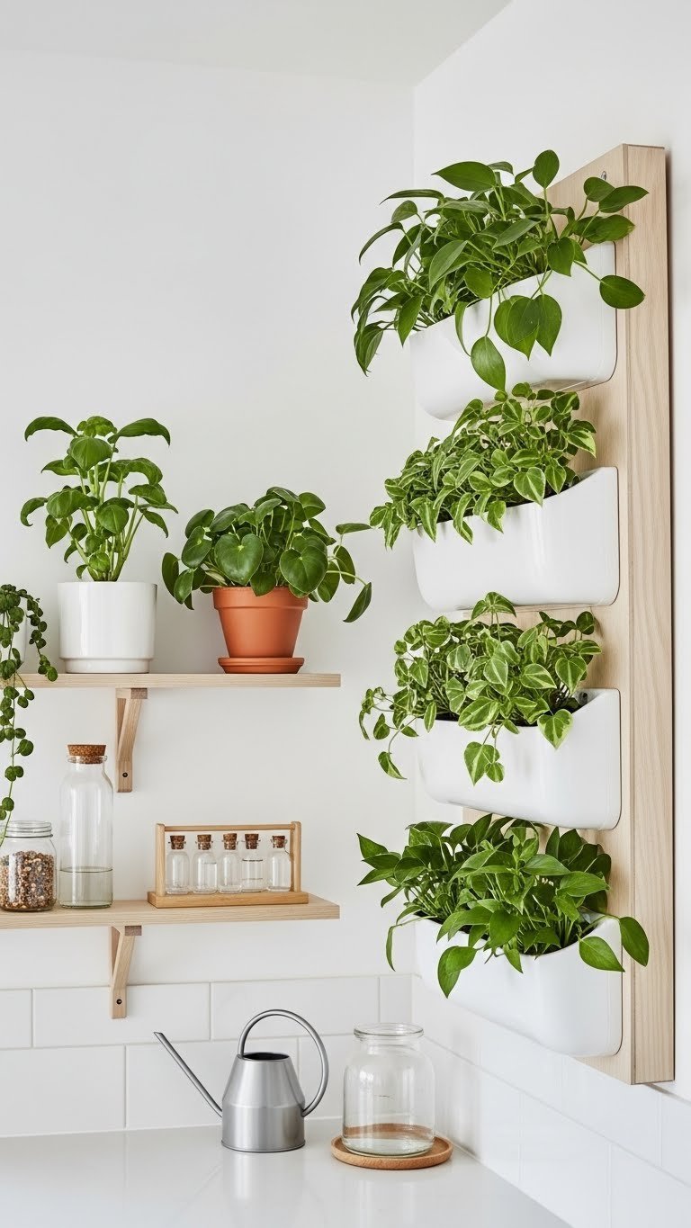 Vertical garden accent wall with lush green plants in minimalist ceramic pots