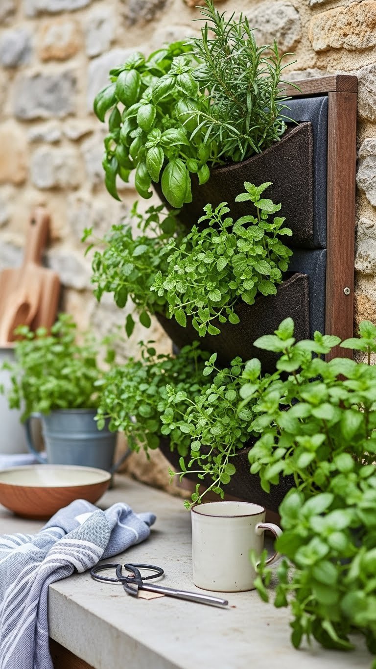 Vertical herb garden wall overflowing with aromatic herbs integrated into outdoor kitchen stone backdrop