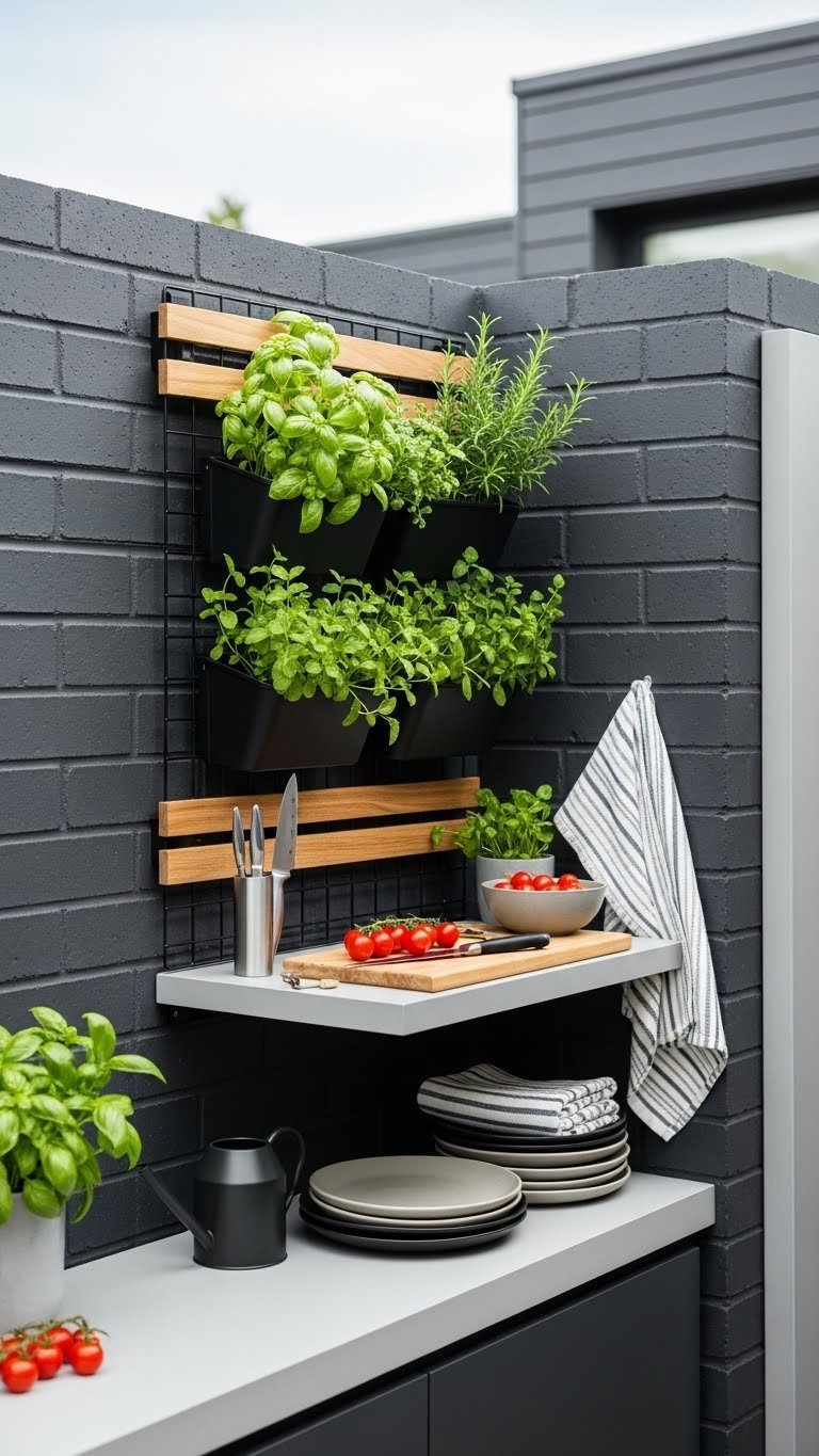 Vertical herb garden wall with basil, mint, rosemary plants and compact prep counter in modern outdoor kitchen space