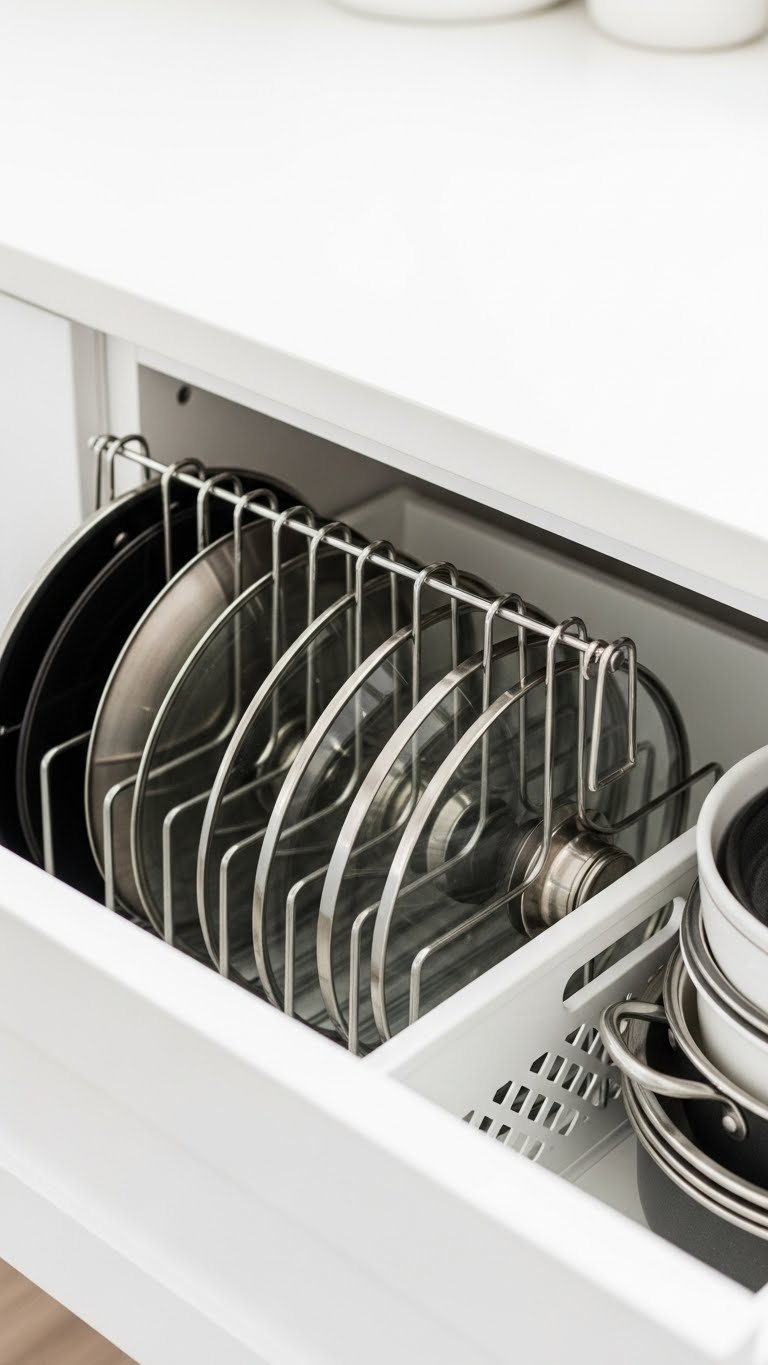 Vertical pot lid organization using tension rod rack in white drawer with corresponding pots visible for efficient storage