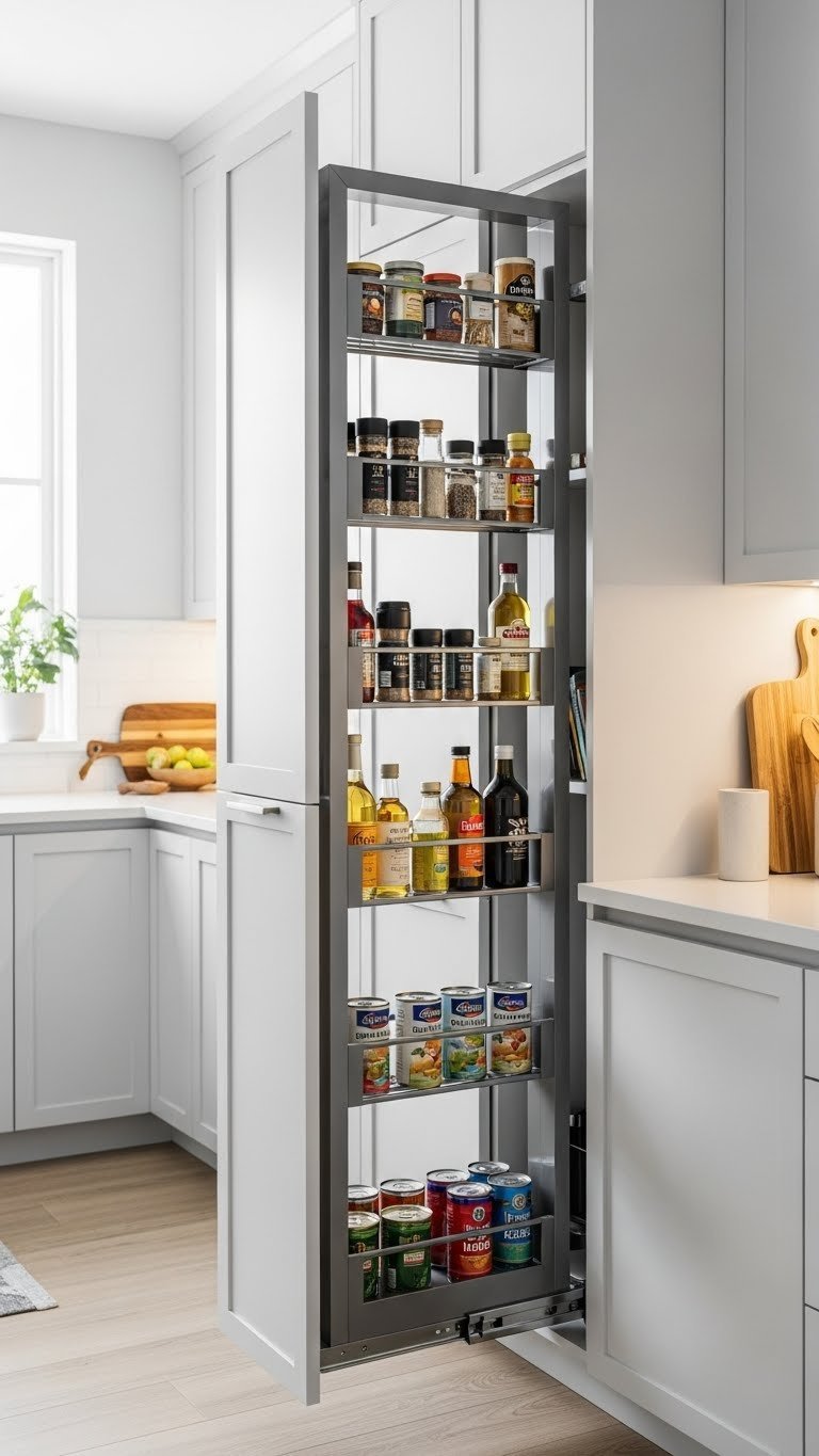 Vertical pull-out pantry fully extended from tall cabinet showcasing organized spices and space-saving storage design.