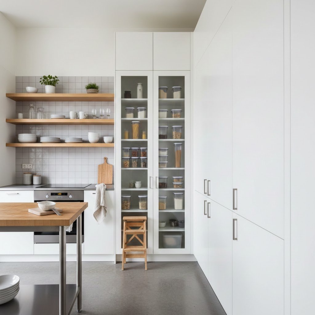 Vertical storage-focused kitchen with floor-to-ceiling cabinets, tall pantry units, and organized wall-mounted storage solutions