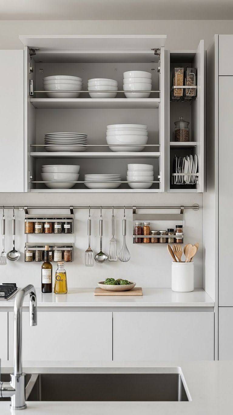 10X10 Kitchen Layouts: Proven Ideas For Small Spaces 15 Vertical storage kitchen with tall cabinets, open shelving, and wall-mounted spice racks for space optimization.