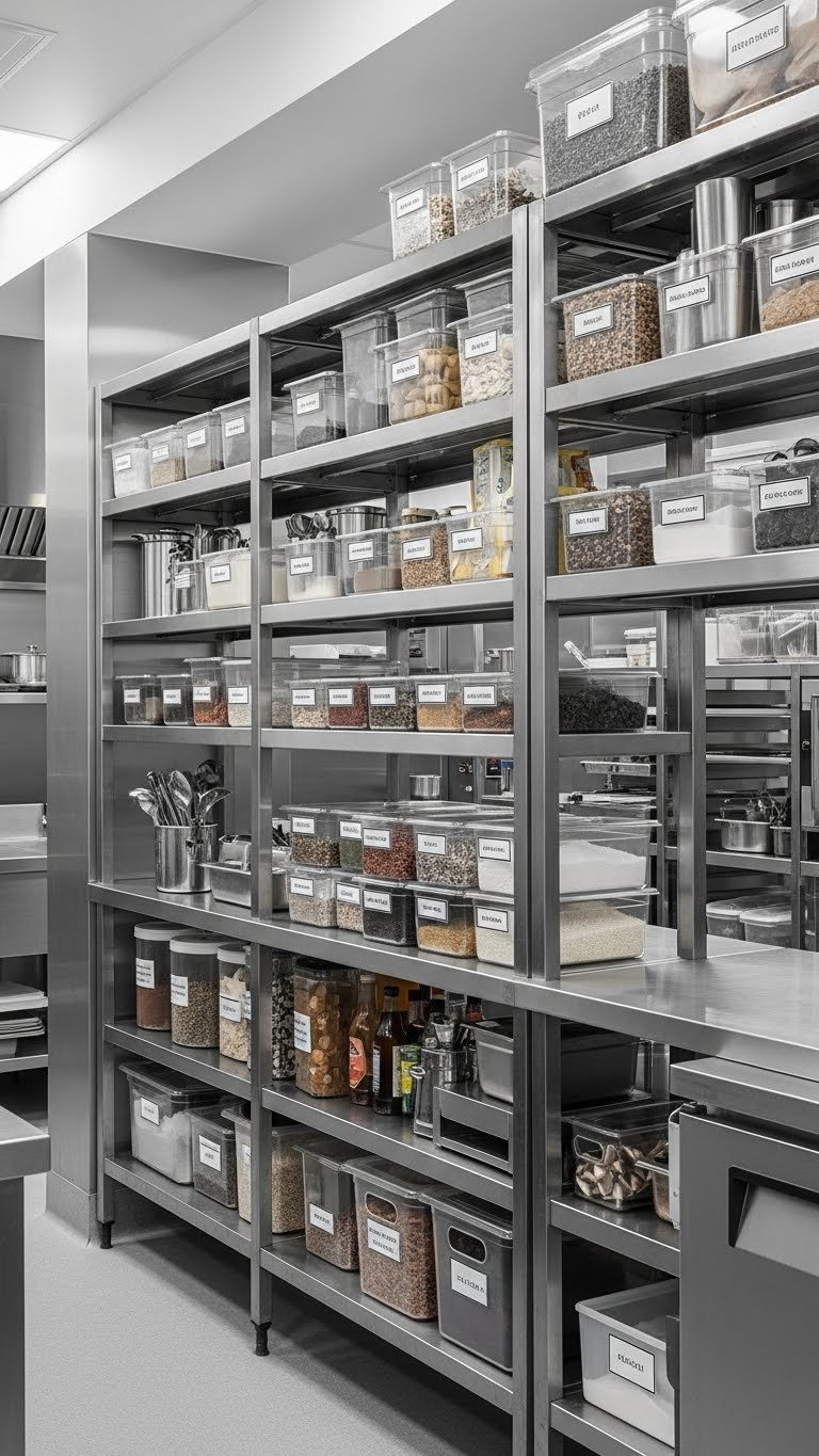 Vertical storage solutions featuring stainless steel shelving units with organized restaurant inventory in labeled containers.