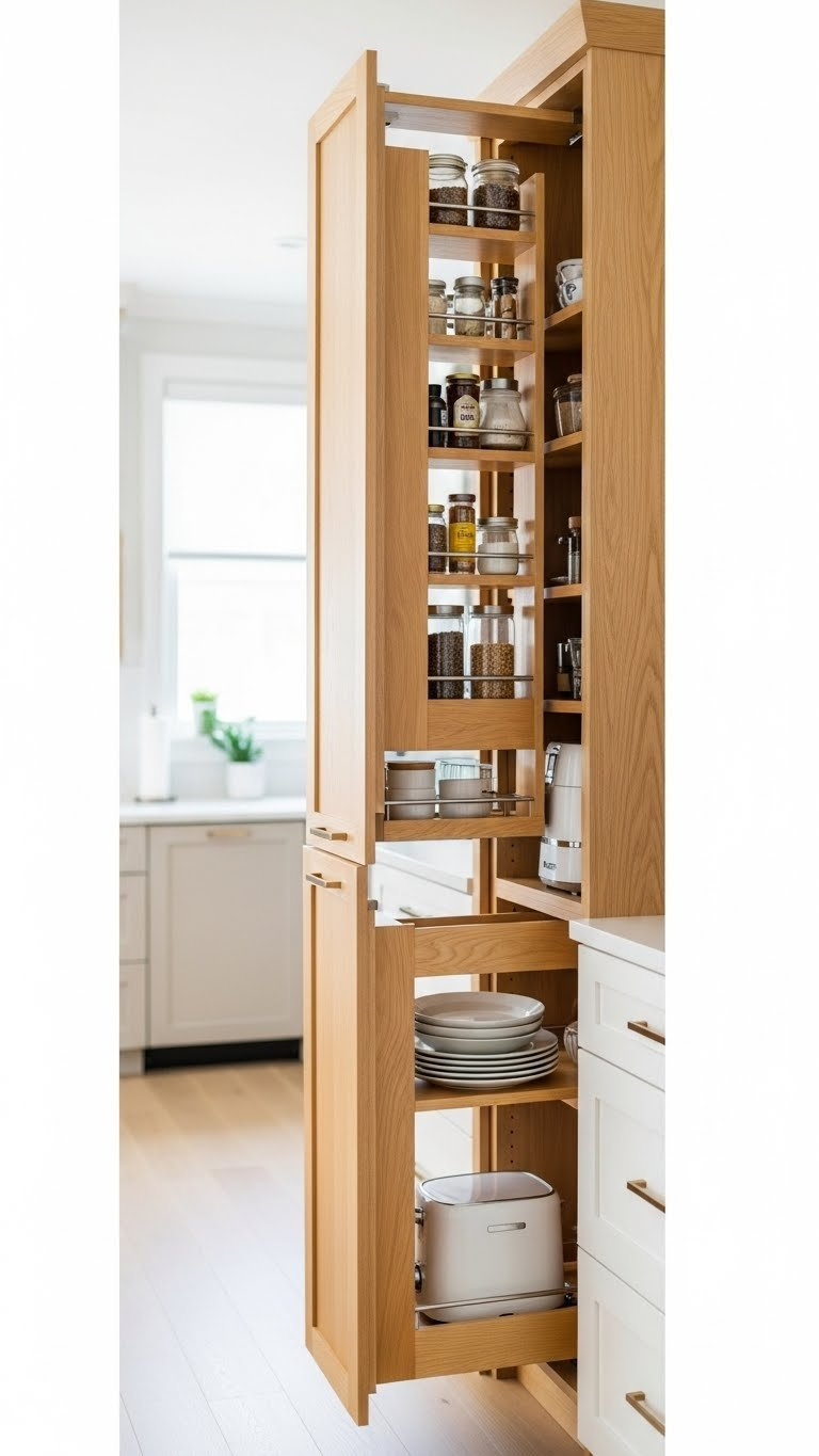 Vertical storage solutions in small kitchen with wood pull-out pantry cabinets and organized spice jars for space efficiency.