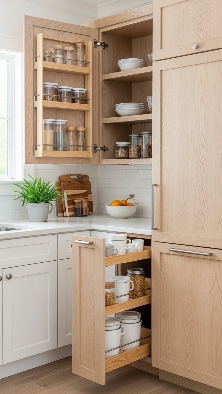 Vertical storage solutions integrated with hickory cabinets featuring stacked containers, spice rack, and dish drying rack in a compact kitchen organization setup.