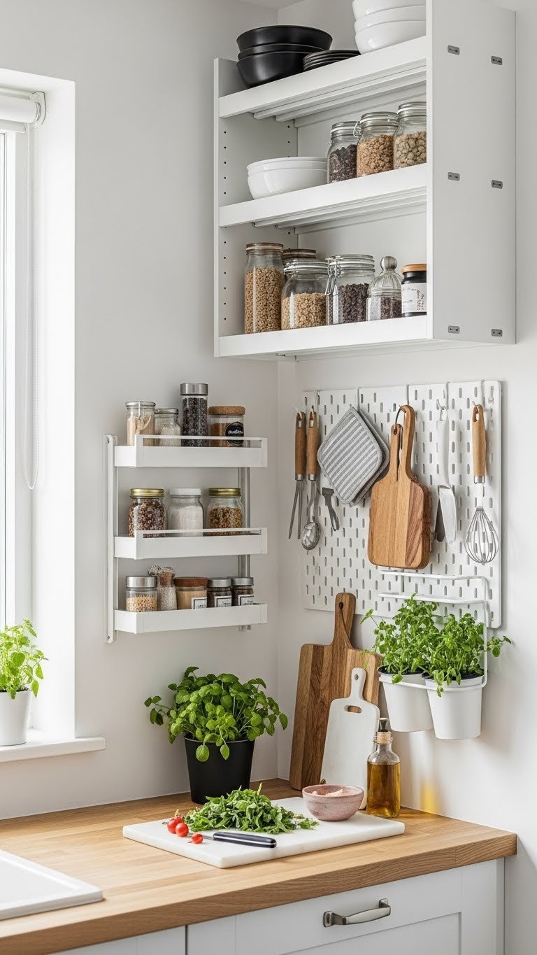 Vertical storage work area with tall pantry units and pegboards maximizing space in small Kerala kitchen.