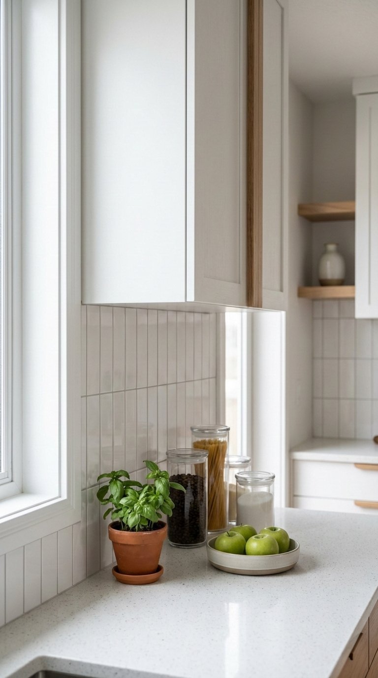 Vertical white subway tile backsplash creating height illusion in compact kitchen with quartz countertop