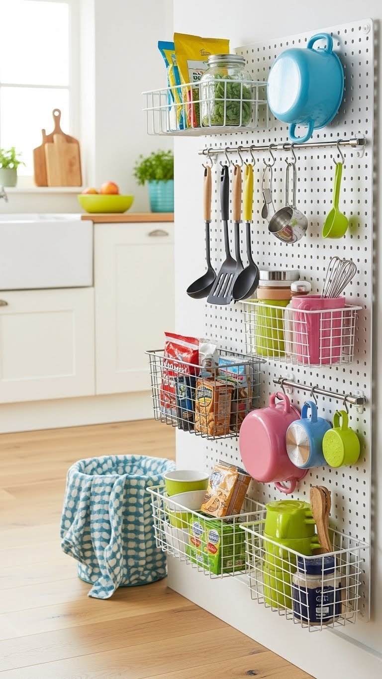 Brilliant Kitchen Pantry Ideas Under Stairs: 11 Space Solutions 21 Vibrant DIY pegboard and basket system in an under-stairs kitchen pantry holding gadgets and snacks in fresh greens and primary colors.