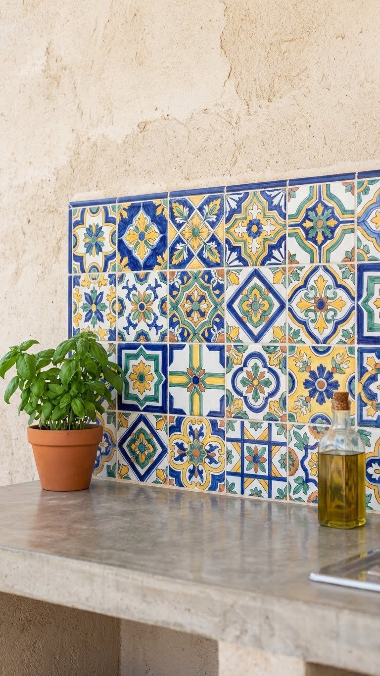 Outdoor Kitchen Mediterranean Design Guide For Al Fresco Living 3 Vibrant Mediterranean blue, white, and yellow mosaic tile backsplash with basil plant and olive oil bottle
