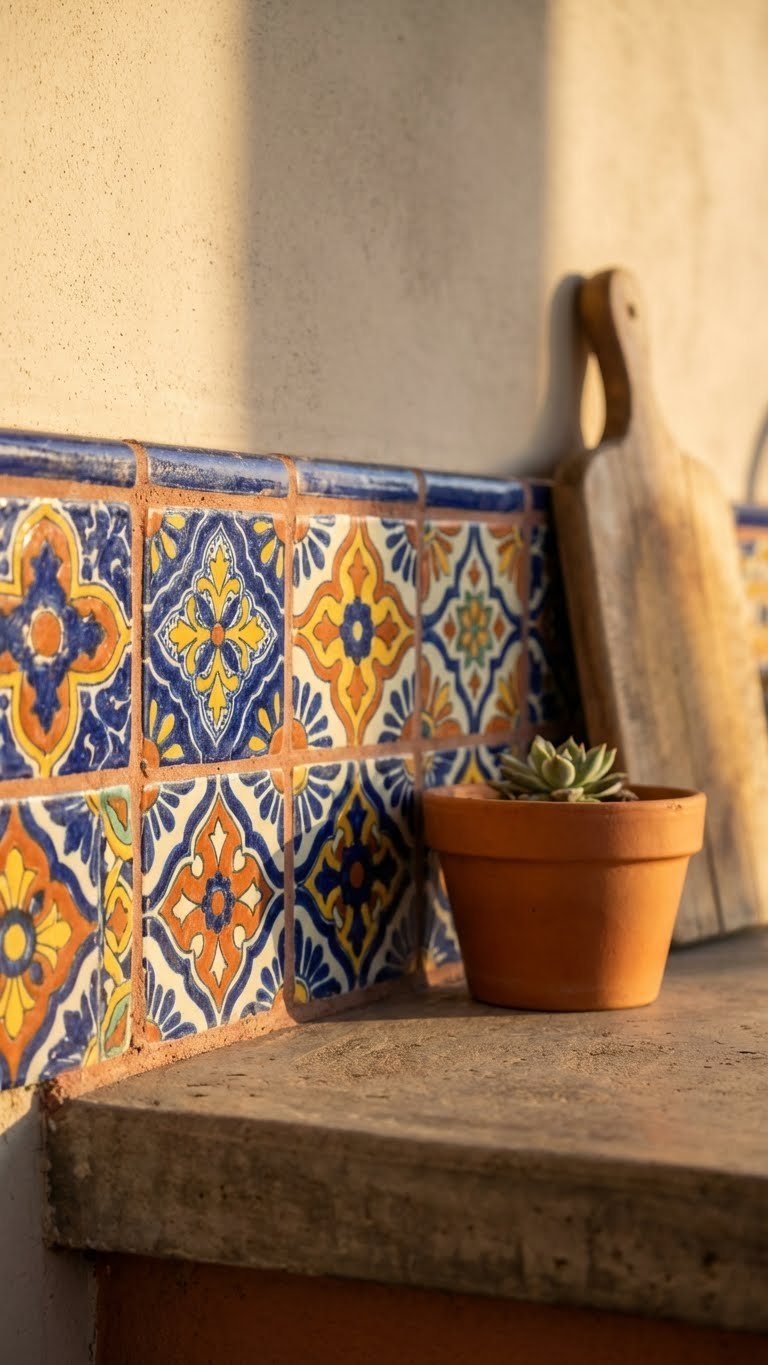 Outdoor Kitchen Mexican Style Ideas For Authentic Entertaining 1 Vibrant Mexican Talavera tile backsplash in cobalt blue, sunny yellow, and terracotta orange with rustic concrete countertop and succulent accents.