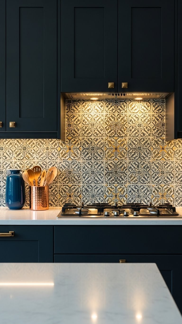 Vibrant Moroccan patterned backsplash with warm under-cabinet lighting against matte black kitchen cabinetry. Moody eclectic kitchen design.