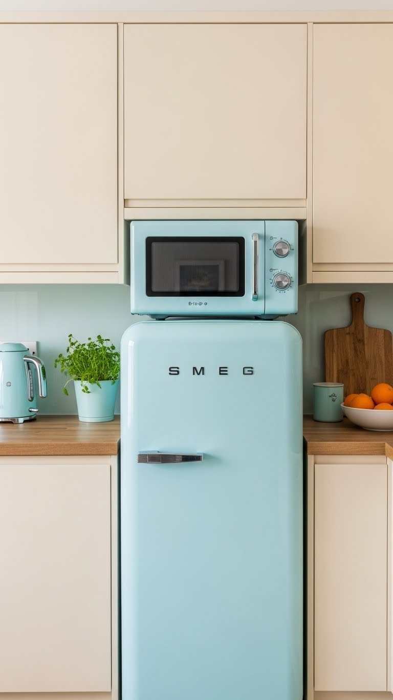 Vibrant SMEG refrigerator integrated into updated 1960s kitchen cabinetry with retro styling and minimalist countertop decor.