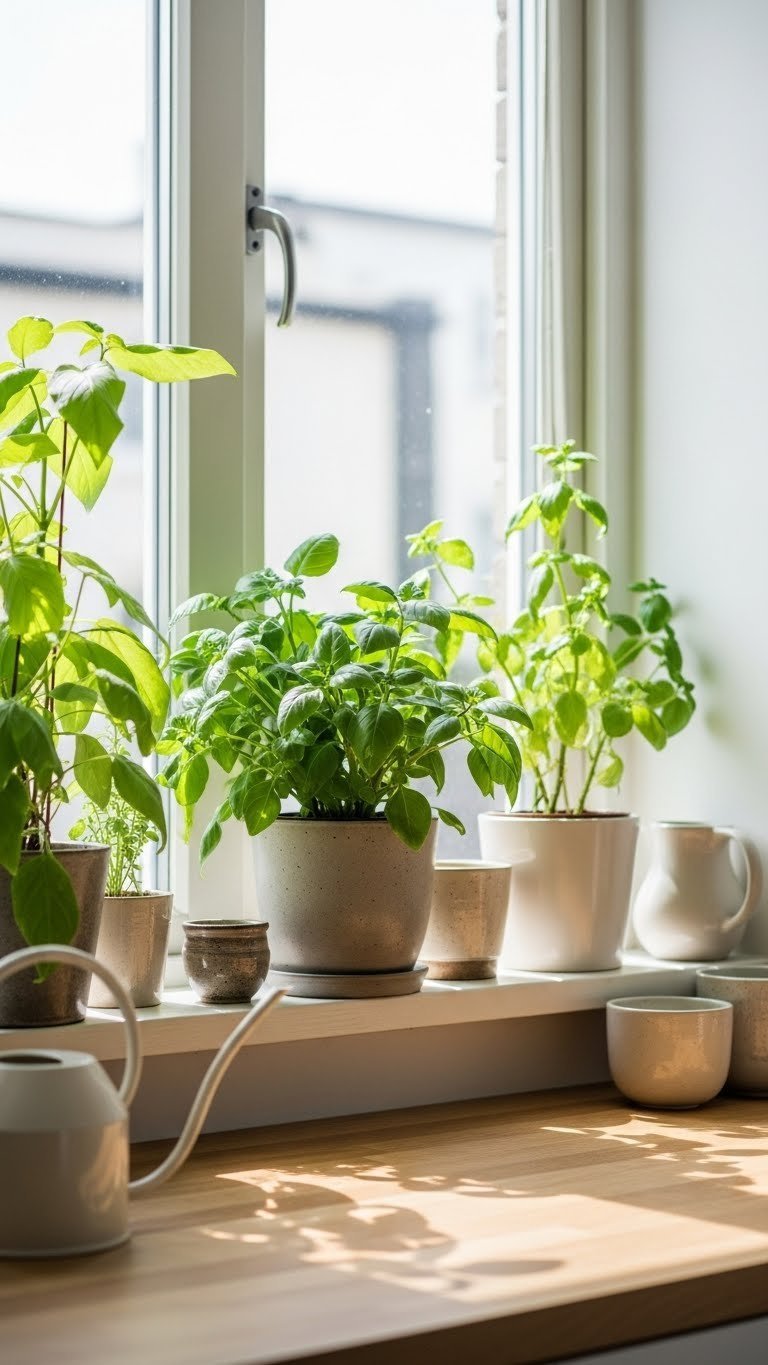 Vibrant Scandinavian kitchen window filled with lush green potted plants illuminated by natural sunlight