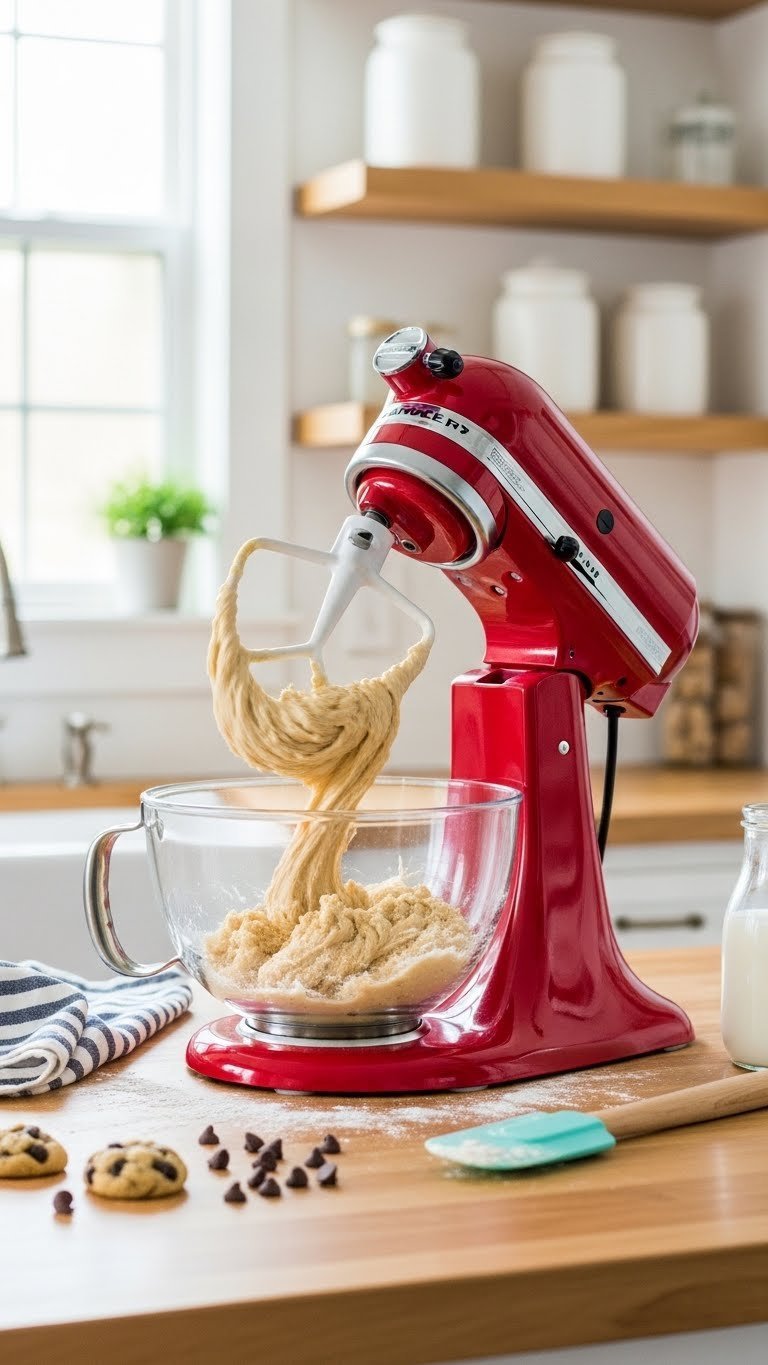 Vibrant aqua blue stand mixer swirling cookie dough in kitchen baking preparation