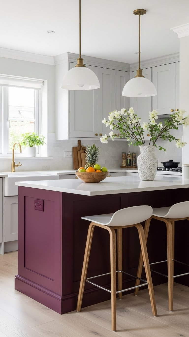 Vibrant colored kitchen island contrasting with light neutral perimeter cabinets in a compact kitchen design