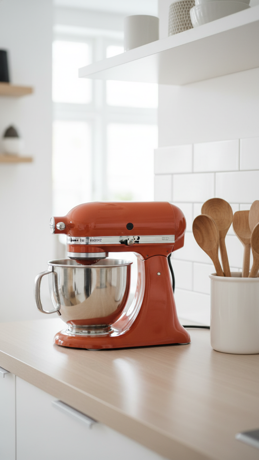 Vibrant coral retro stand mixer on light wood countertop against white tiled backsplash in modern kitchen