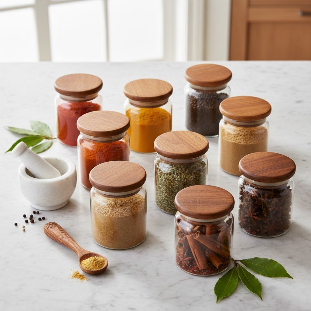 Vibrant gourmet spice collection in clear glass jars arranged on marble countertop with mortar and pestle.