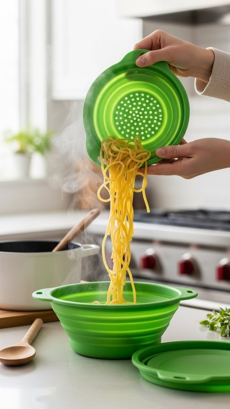 Vibrant green collapsible silicone colander draining steaming pasta on kitchen counter with space-saving design