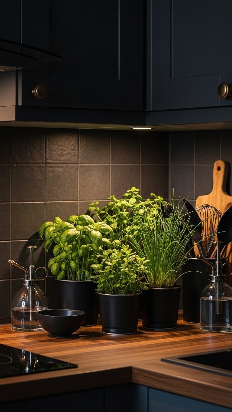 Vibrant green kitchen herbs (basil, mint, chives) in sleek pots on a butcher block countertop with dark backsplash.