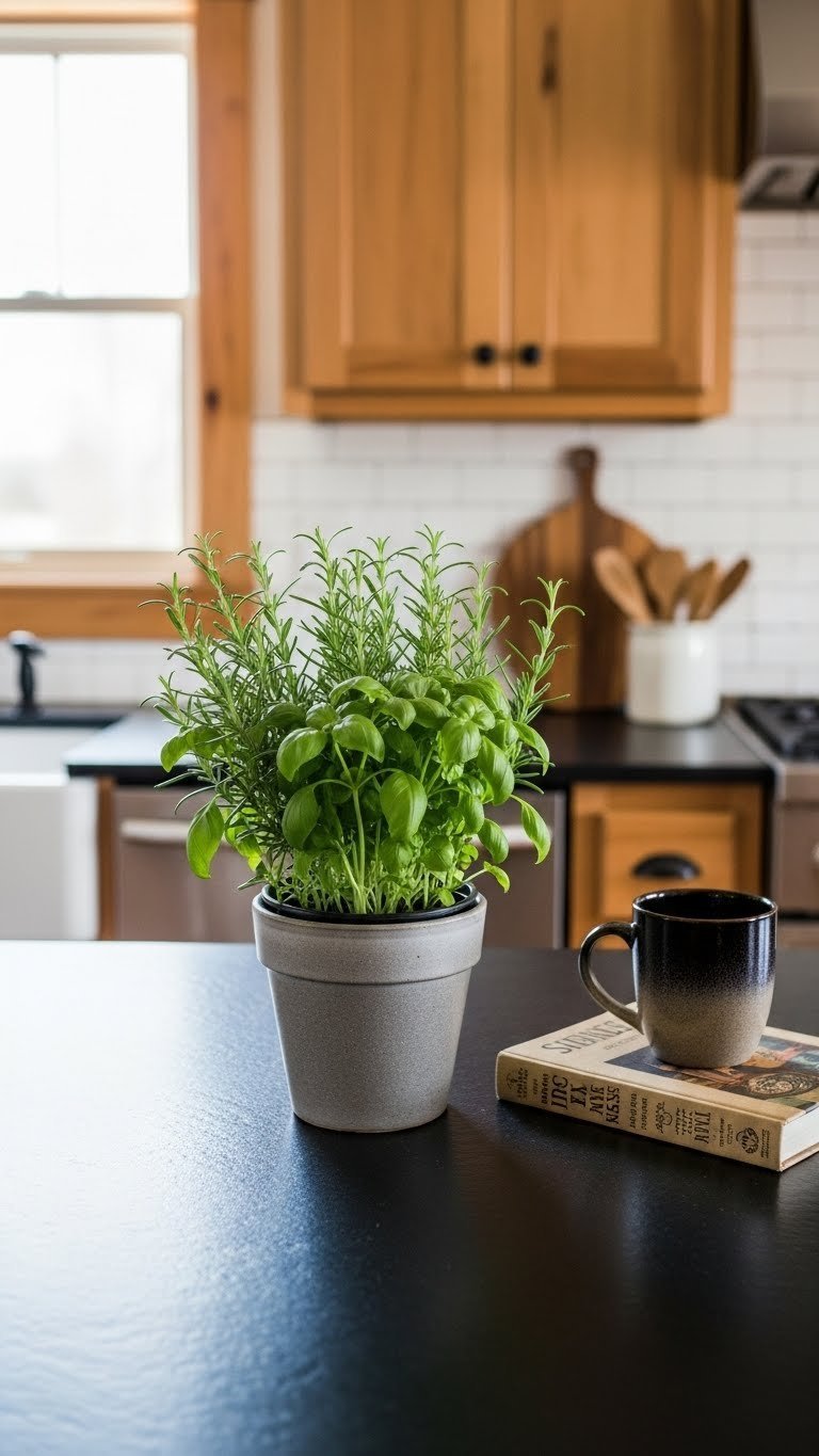 Vibrant green potted herb plant on matte black countertop with wood cabinetry background