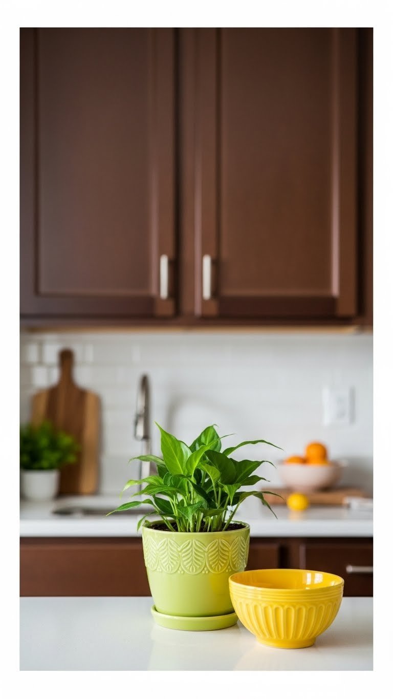 Vibrant green potted plant on white countertop with yellow ceramic bowl against warm brown kitchen cabinets
