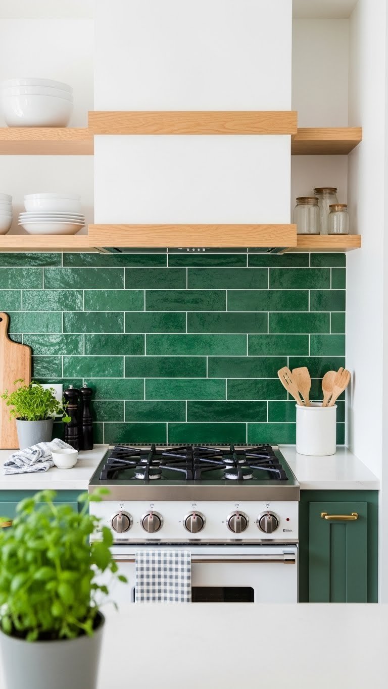 Vibrant green zellige tile backsplash with light wood open shelving in a compact kitchen space