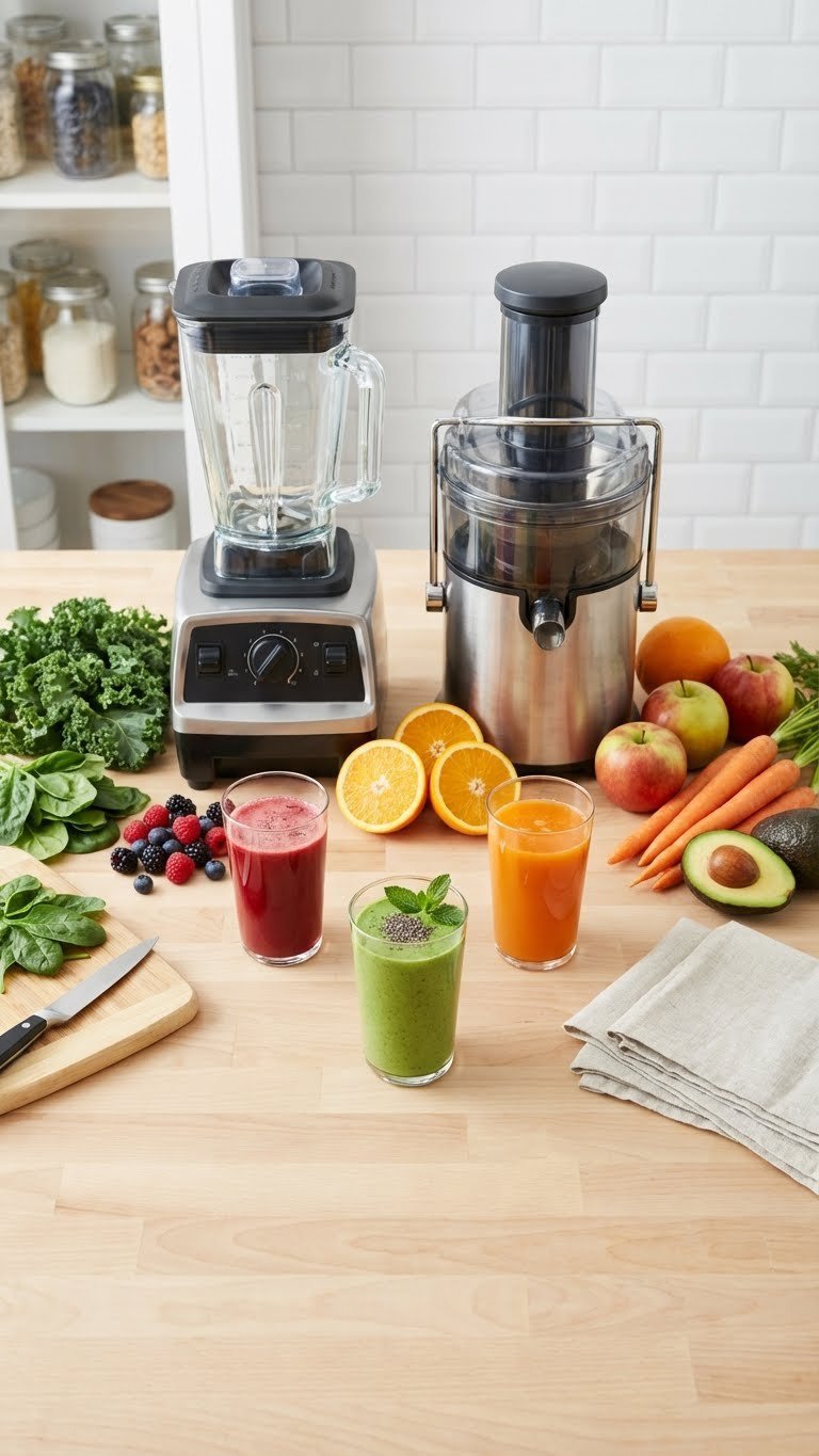 11 Ultimate Kitchen Pantry Beverage Station Ideas Design Your Dream Drink Hub 5 Vibrant juice and smoothie station in a kitchen pantry with a blender, fresh fruits, and colorful drinks on a light countertop.