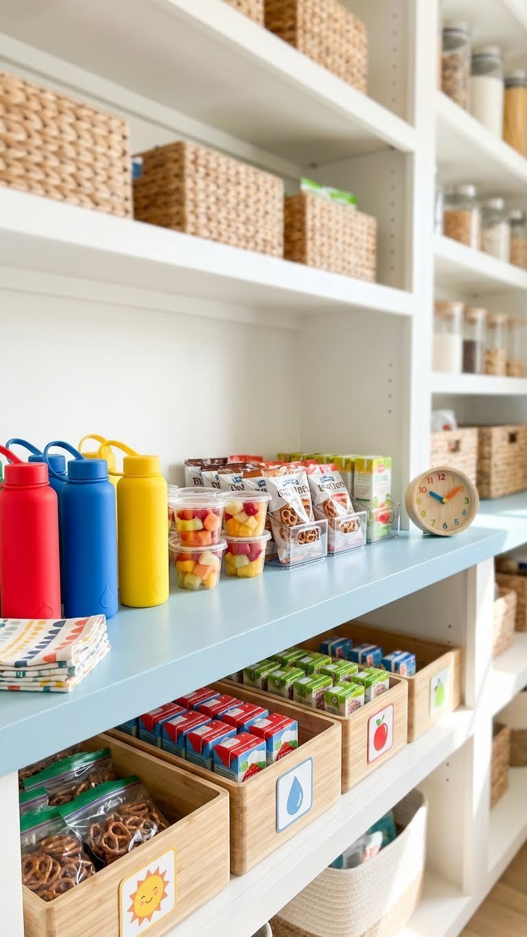 11 Ultimate Kitchen Pantry Beverage Station Ideas Design Your Dream Drink Hub 21 Vibrant kids' hydration and snack station in a kitchen pantry with colorful bottles, juice boxes, and healthy snacks.