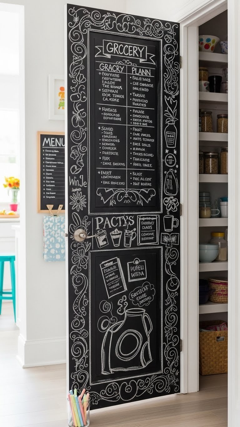 Vibrant kitchen with an artistic chalkboard pantry door adorned with hand-drawn chalk art and grocery lists.