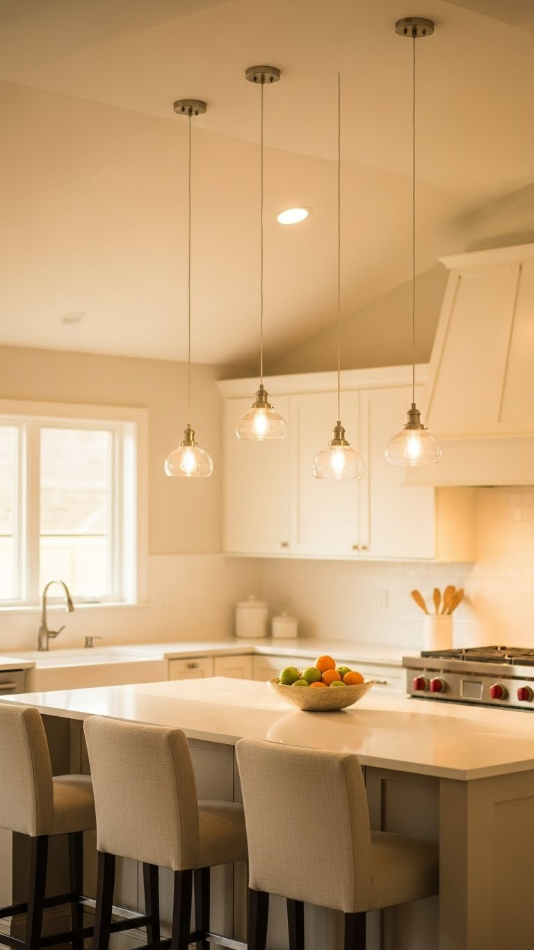 Vibrant kitchen with modern pendant lights hanging at varying heights from vaulted ceiling over kitchen island