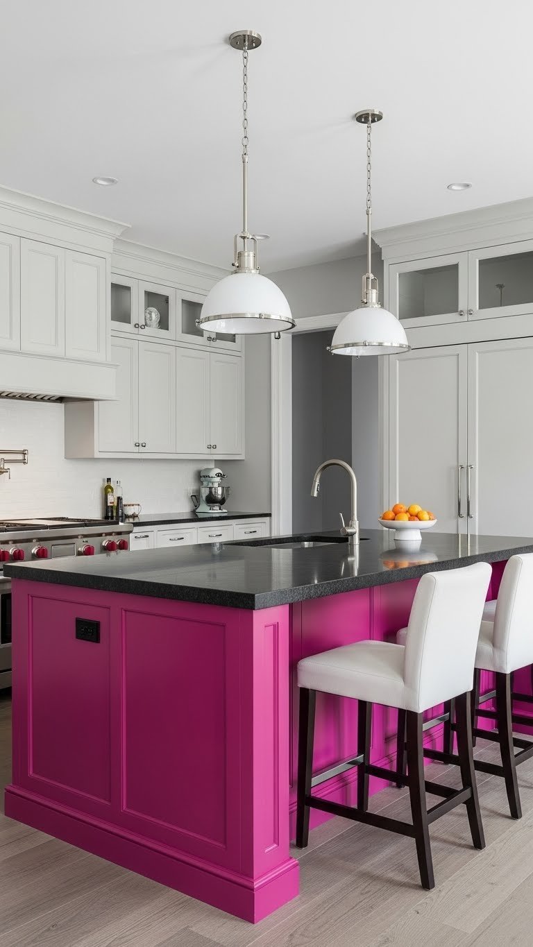 Dark Pink Kitchen Aesthetic: 7 Elegant Ideas To Try 3 Vibrant magenta kitchen island with dark granite waterfall edge, neutral cabinetry. Modern kitchen design, stylish bar stools, fruit bowl.