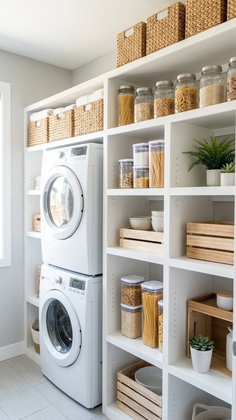 Space-Saving Kitchen Pantry Laundry Room Ideas 3 Vibrant organized kitchen pantry shows stacked washer dryer, custom shelving, woven baskets, labeled jars, and small plants.