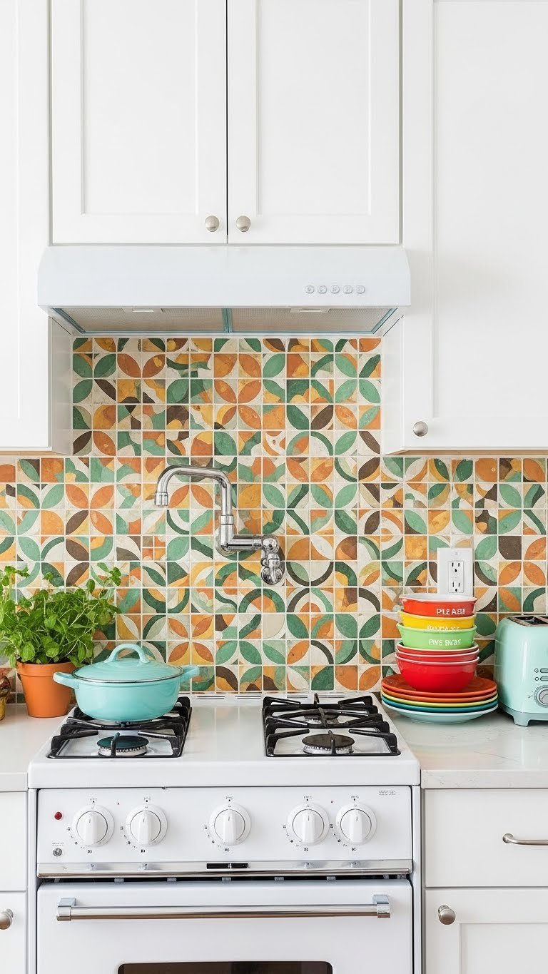 Vibrant patterned retro backsplash behind compact stove area with geometric tile design