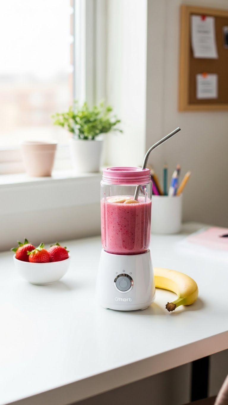 Vibrant pink strawberry banana smoothie in personal blender cup with metal straw on white minimalist dorm desk setup.