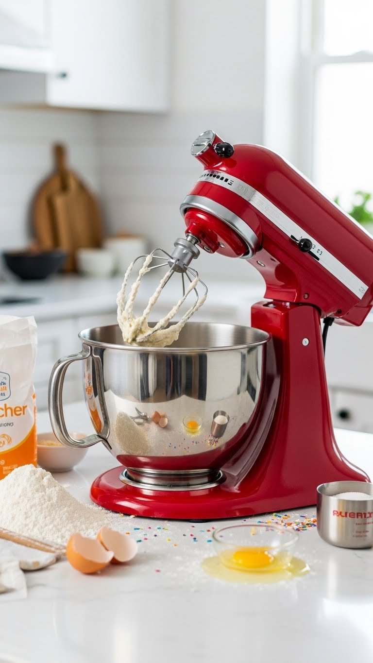 Vibrant red stand mixer actively mixing dough in stainless steel bowl with baking ingredients arranged