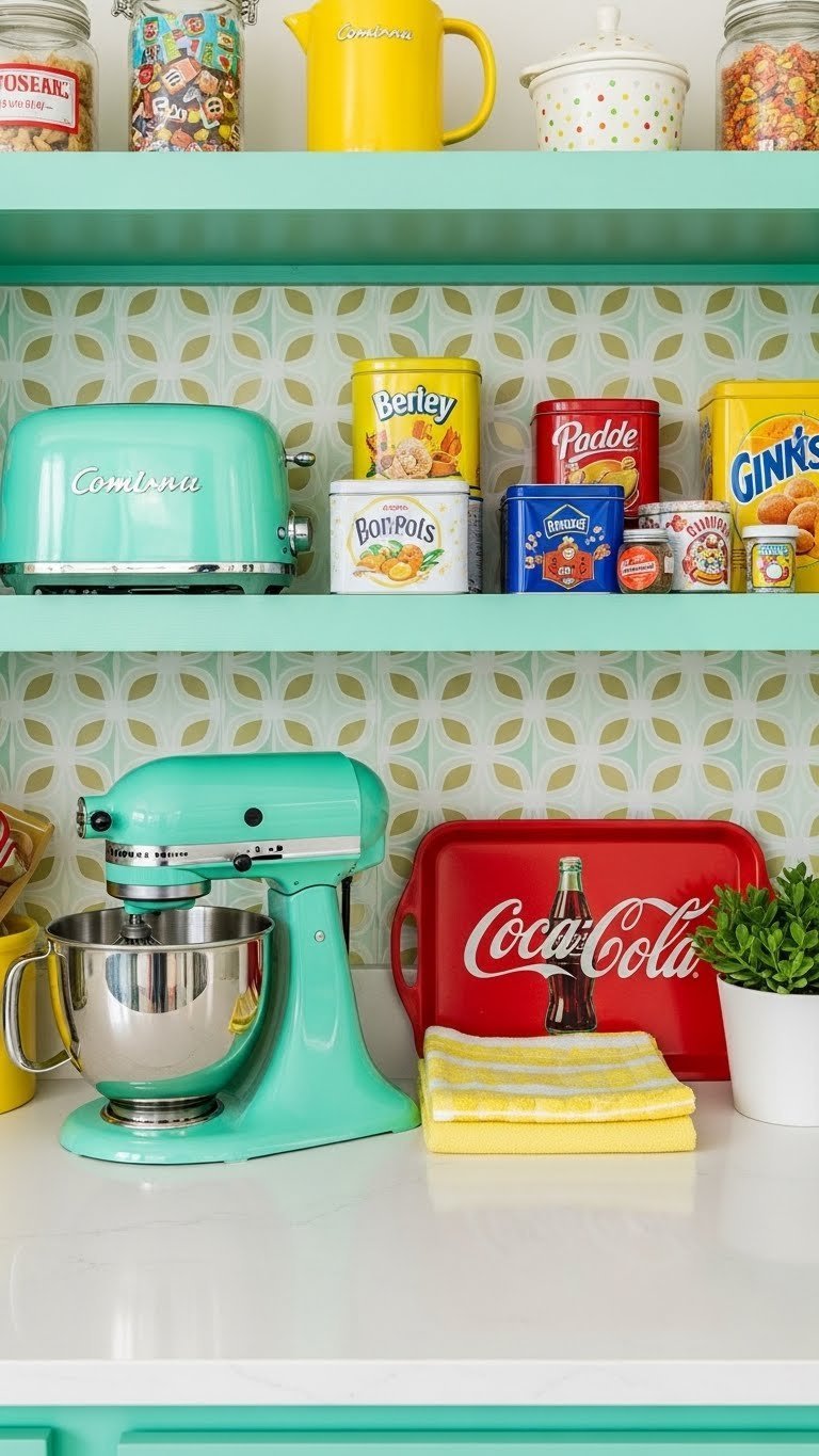 Vibrant retro kitchen pantry with teal shelves, colorful vintage appliances, retro tins, and quirky kitchenware creating a playful vibe.