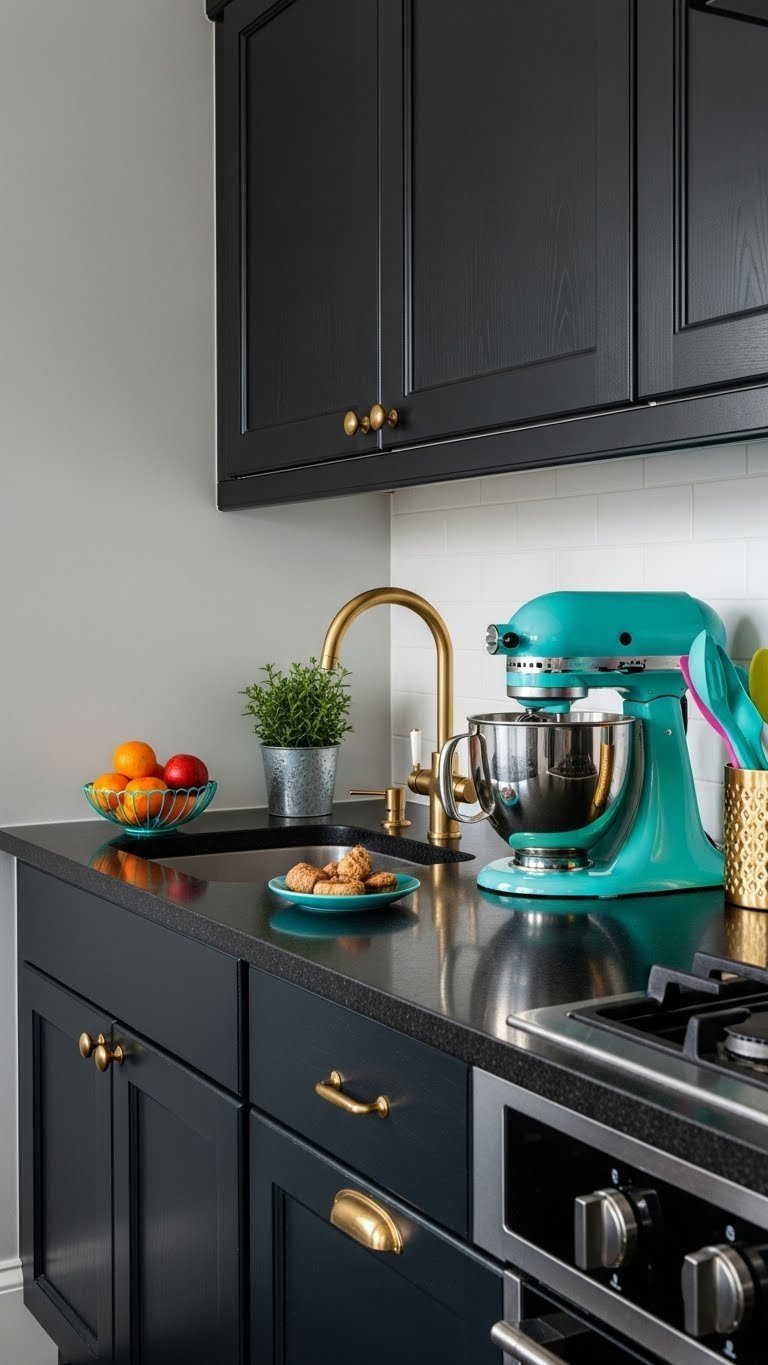 Vibrant small kitchen with polished black granite countertops accented by bright teal stand mixer and gold fixtures