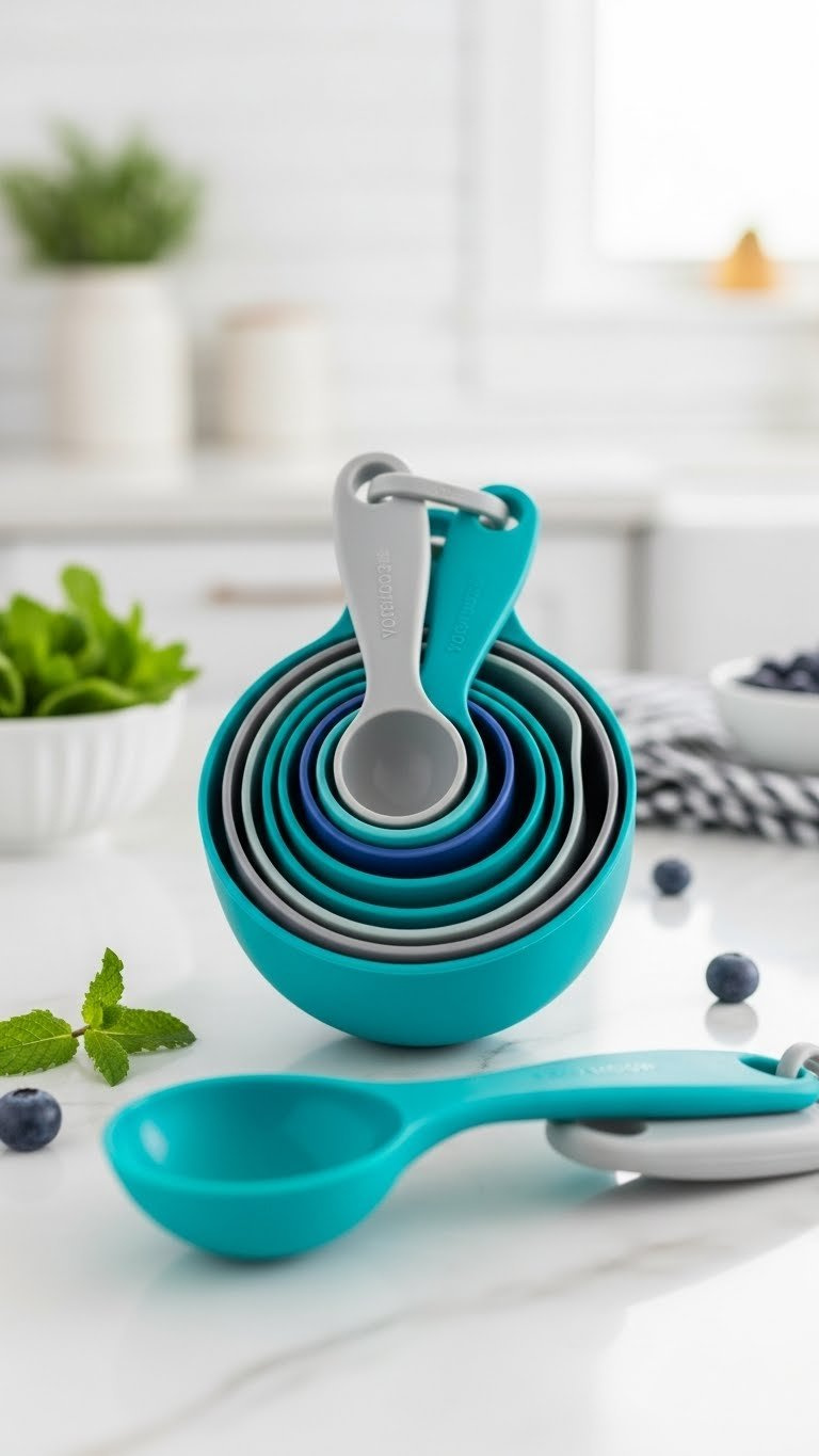 Vibrant teal silicone measuring cups nested together on white marble countertop with mint sprig and blueberries in flat lay composition