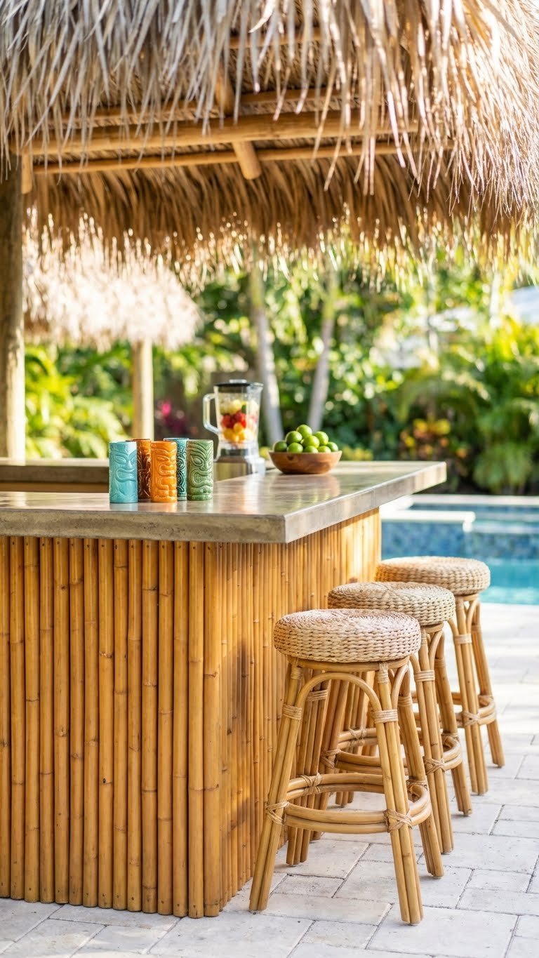 Outdoor Kitchen Tropical Design Ideas For A Resort Style Backyard 3 Vibrant tropical tiki bar with bamboo-clad countertop, rattan stools, and colorful cocktail accessories in bright daylight