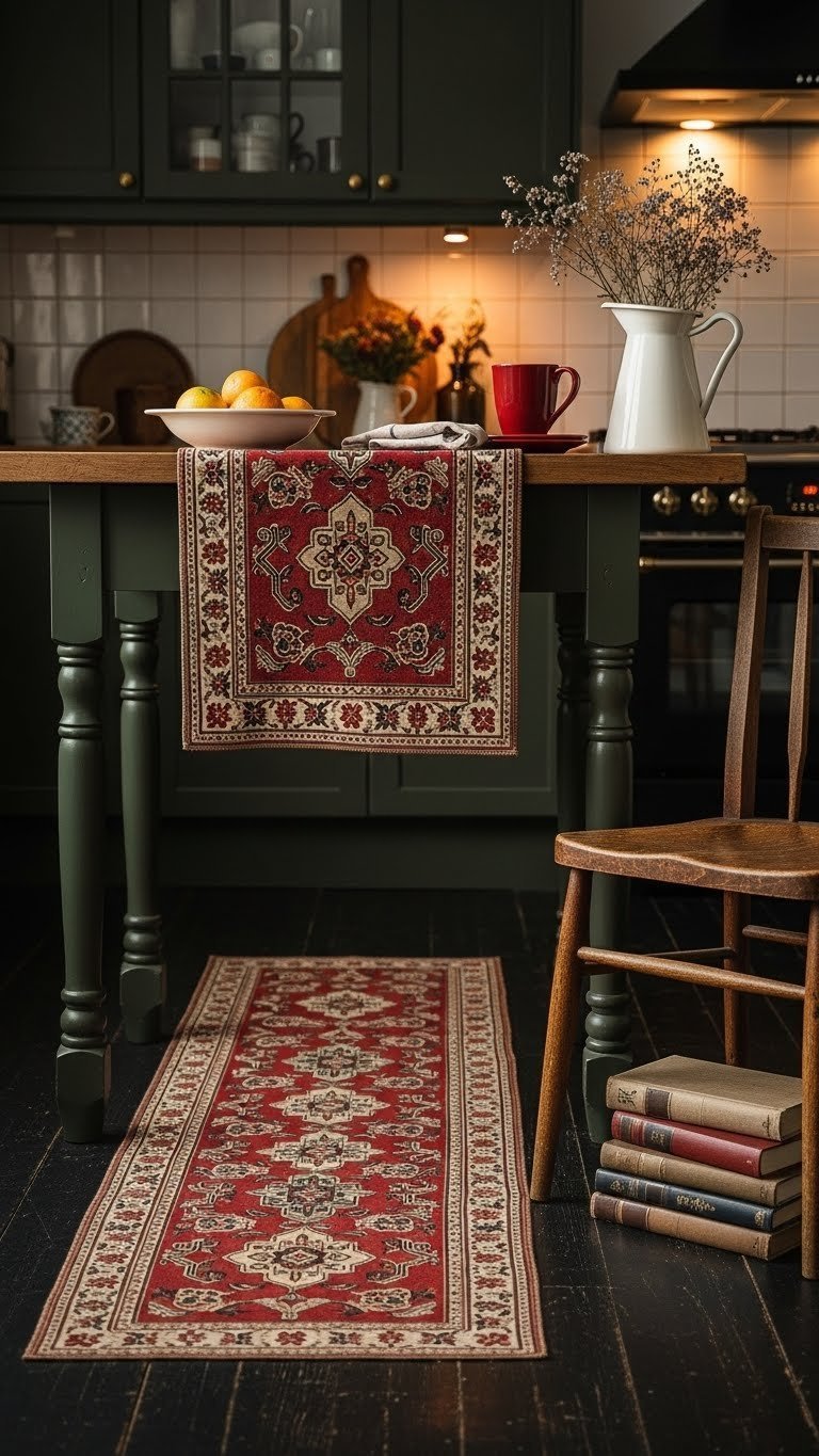 Vintage Swedish-inspired scandi kitchen runner with muted reds on dark stained wooden floor with green cabinetry